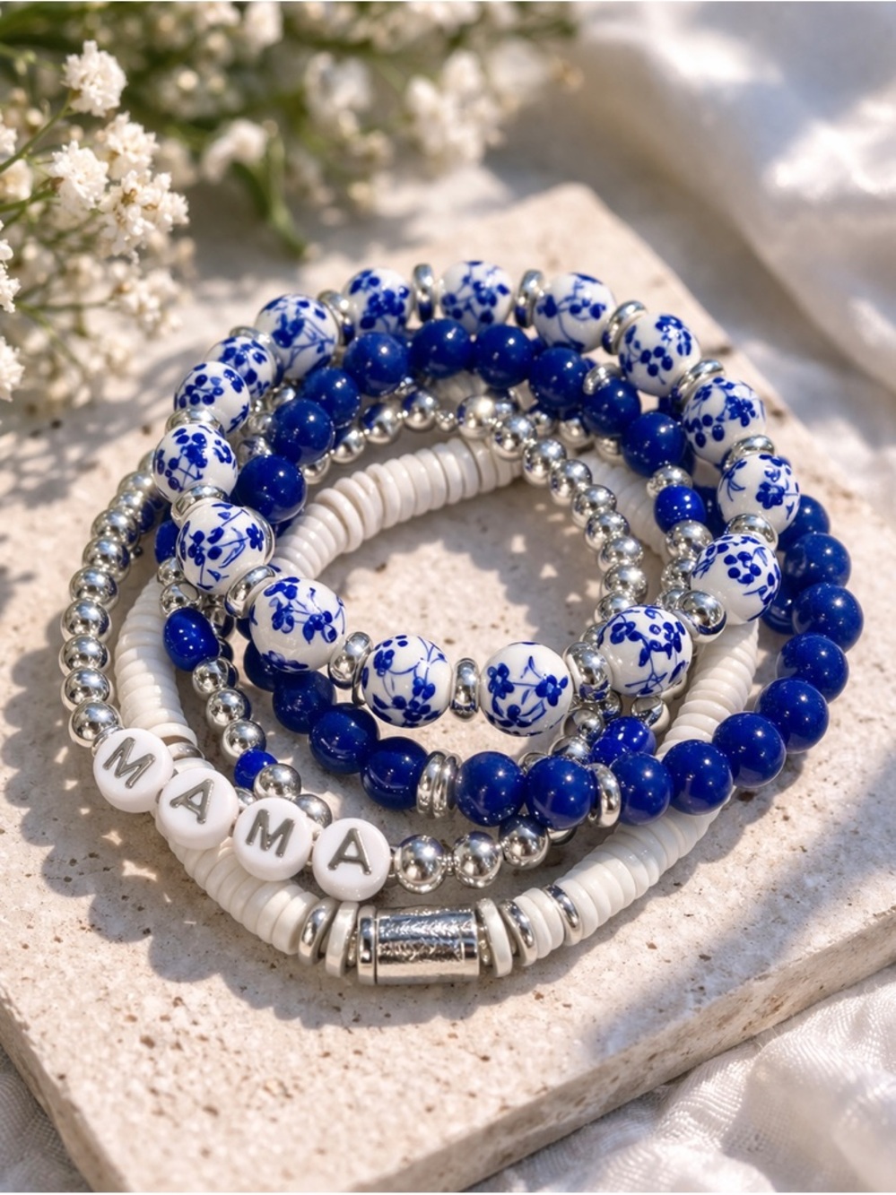 Coastal Chic Beaded Bracelet Stack - Silver